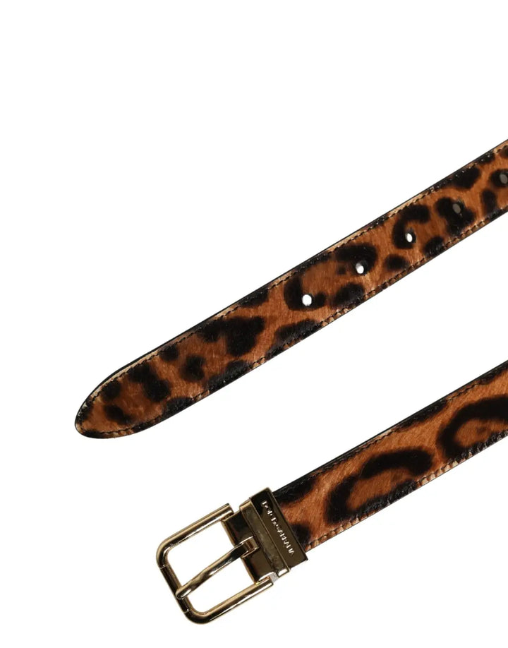 Dolce &amp; Gabbana Brown Calf Fur Leopard Metal Buckle Belt