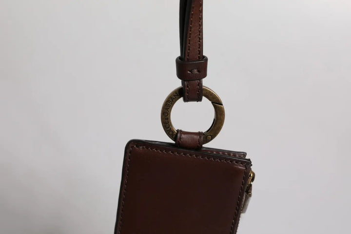Dolce &amp; Gabbana Brown Calf Leather Lanyard Logo Card Holder Wallet