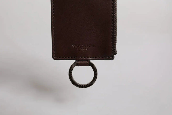 Dolce &amp; Gabbana Brown Calf Leather Lanyard Logo Card Holder Wallet