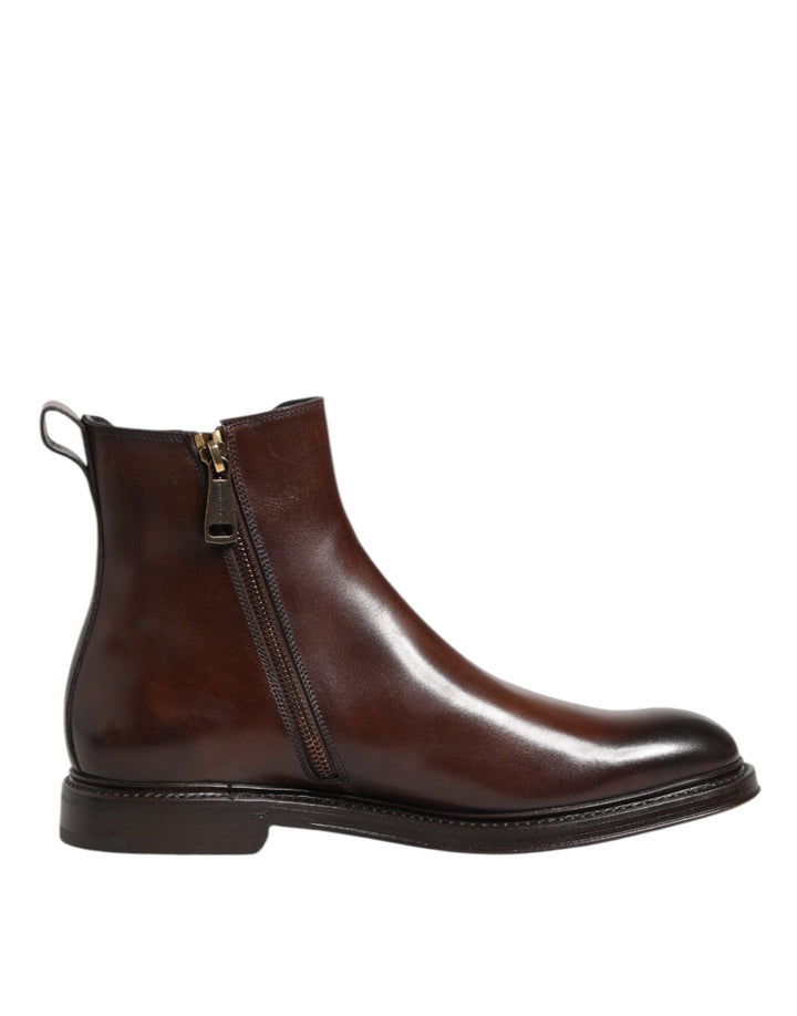 Dolce &amp; Gabbana Brown Chelsea Leather Mid Calf Boots Shoes