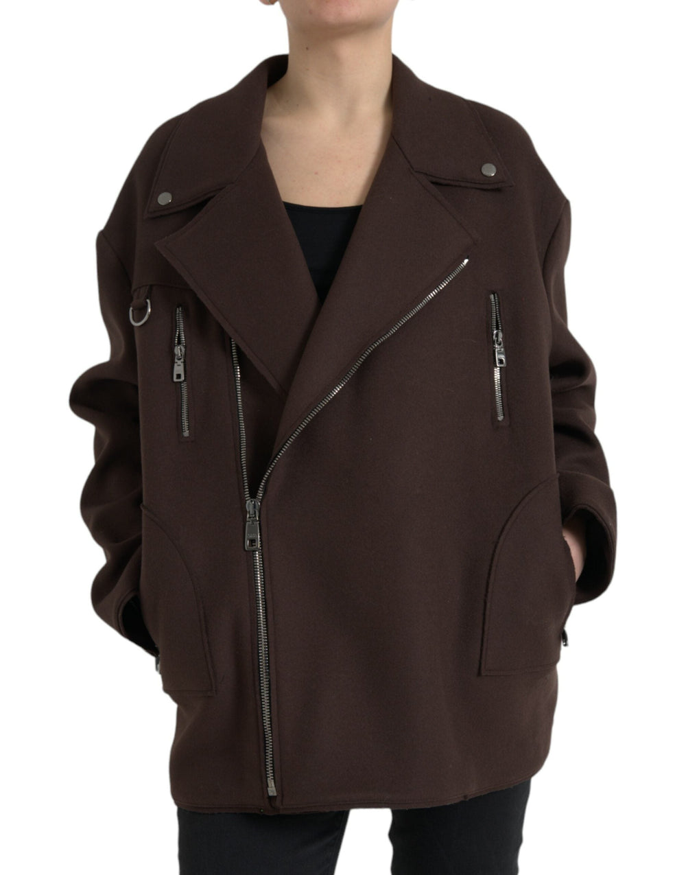 Dolce & Gabbana Bomber Jackets - Brown Coat Short Biker Wool Jacket