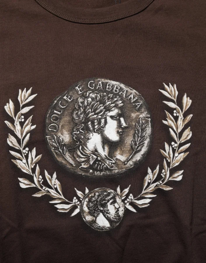 Dolce &amp; Gabbana Brown Coin Laurel Print Men Crew Neck T-shirt