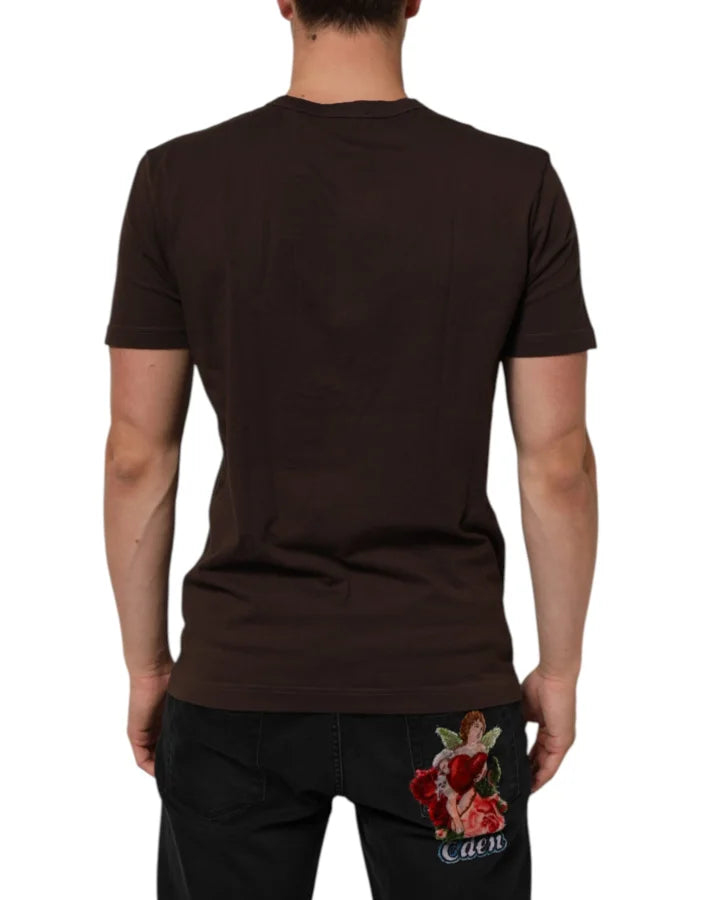 Dolce &amp; Gabbana Brown Coin Laurel Print Men Crew Neck T-shirt