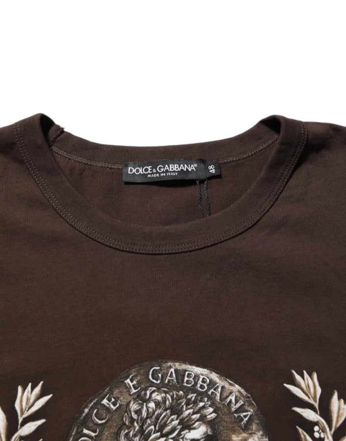 Dolce &amp; Gabbana Brown Coin Laurel Print Men Crew Neck T-shirt