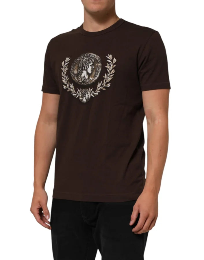 Dolce &amp; Gabbana Brown Coin Laurel Print Men Crew Neck T-shirt