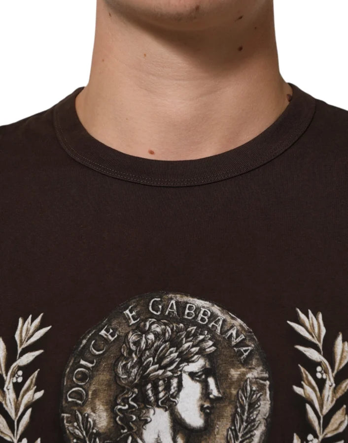 Dolce &amp; Gabbana Brown Coin Laurel Print Men Crew Neck T-shirt