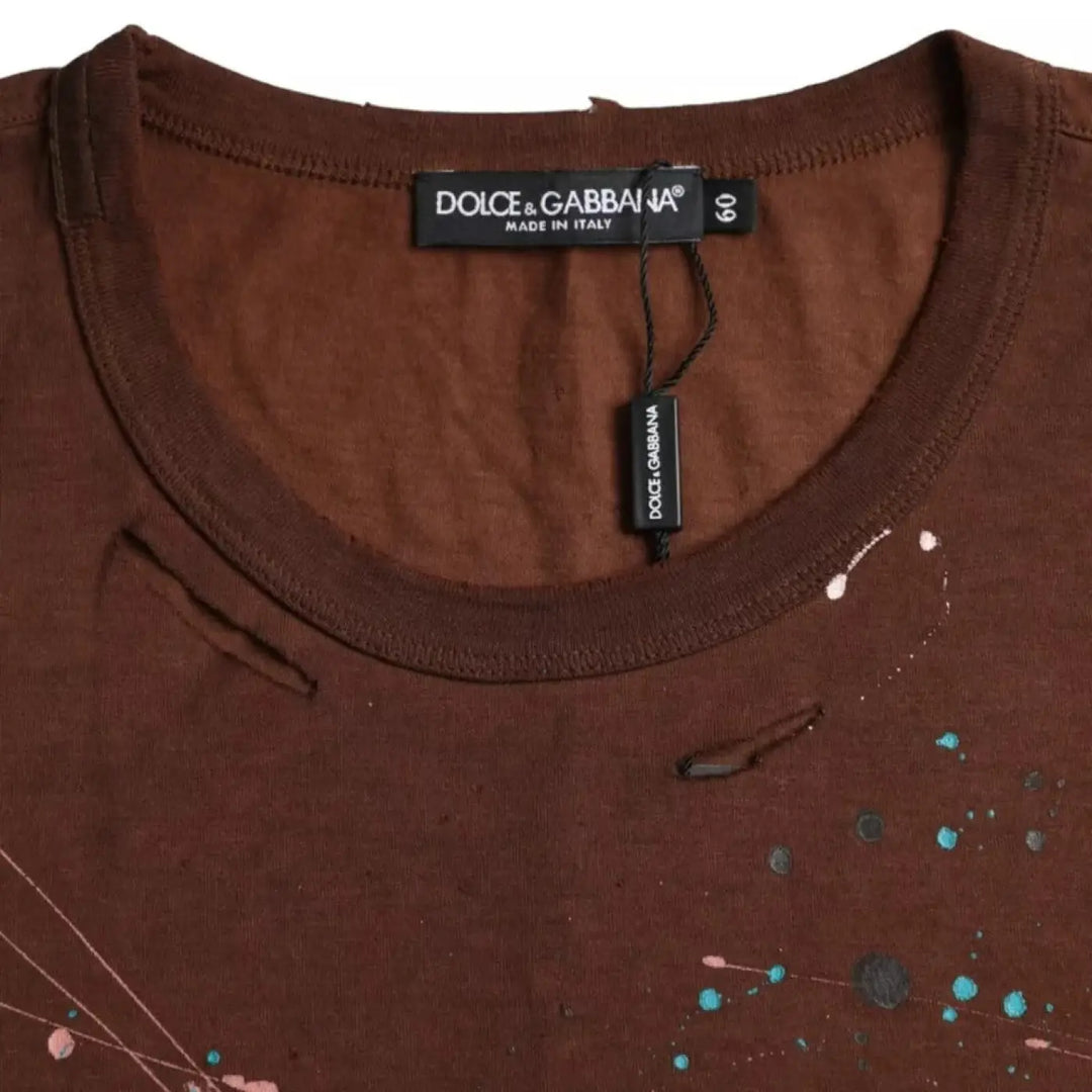 Dolce &amp; Gabbana Brown Color Splash Cotton Crew Neck T-shirt