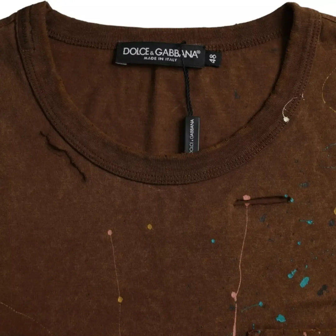 Dolce &amp; Gabbana Brown Color Splash Cotton Crew Neck T-shirt