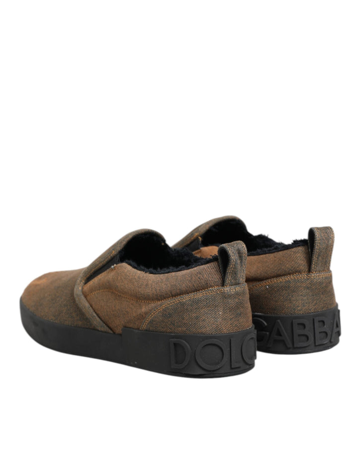 Dolce &amp; Gabbana Brown Cotton Low Top Slip on Sneakers Shoes
