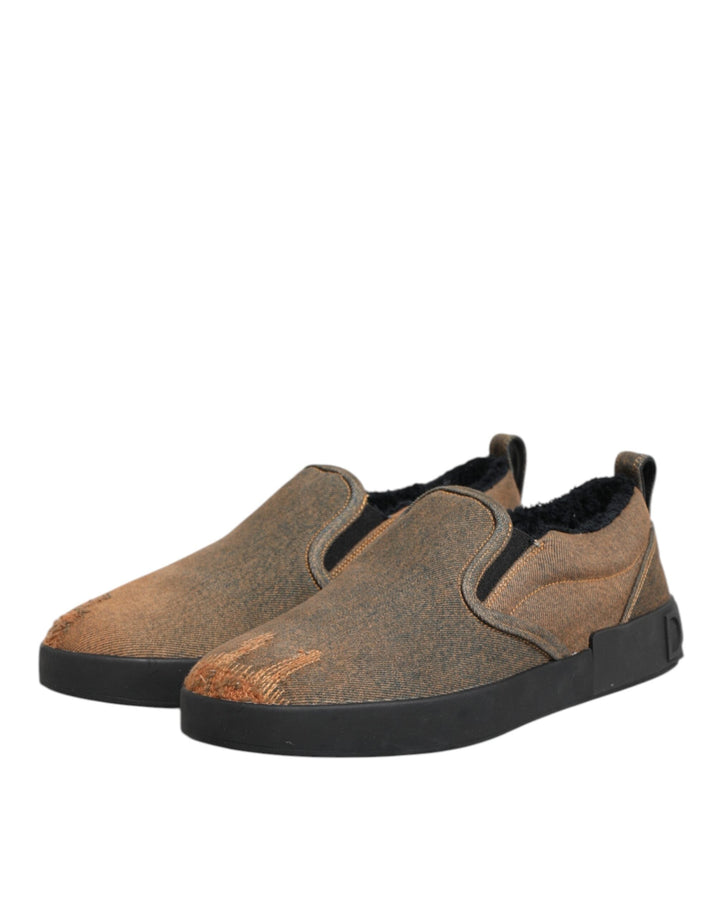 Dolce &amp; Gabbana Brown Cotton Low Top Slip on Sneakers Shoes