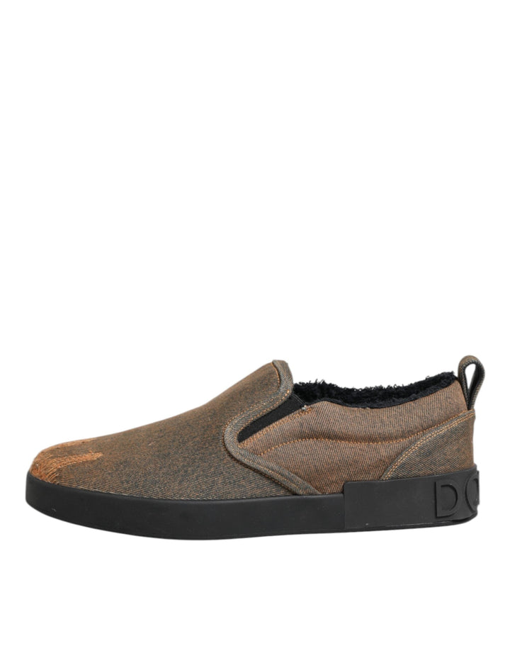 Dolce &amp; Gabbana Brown Cotton Low Top Slip on Sneakers Shoes