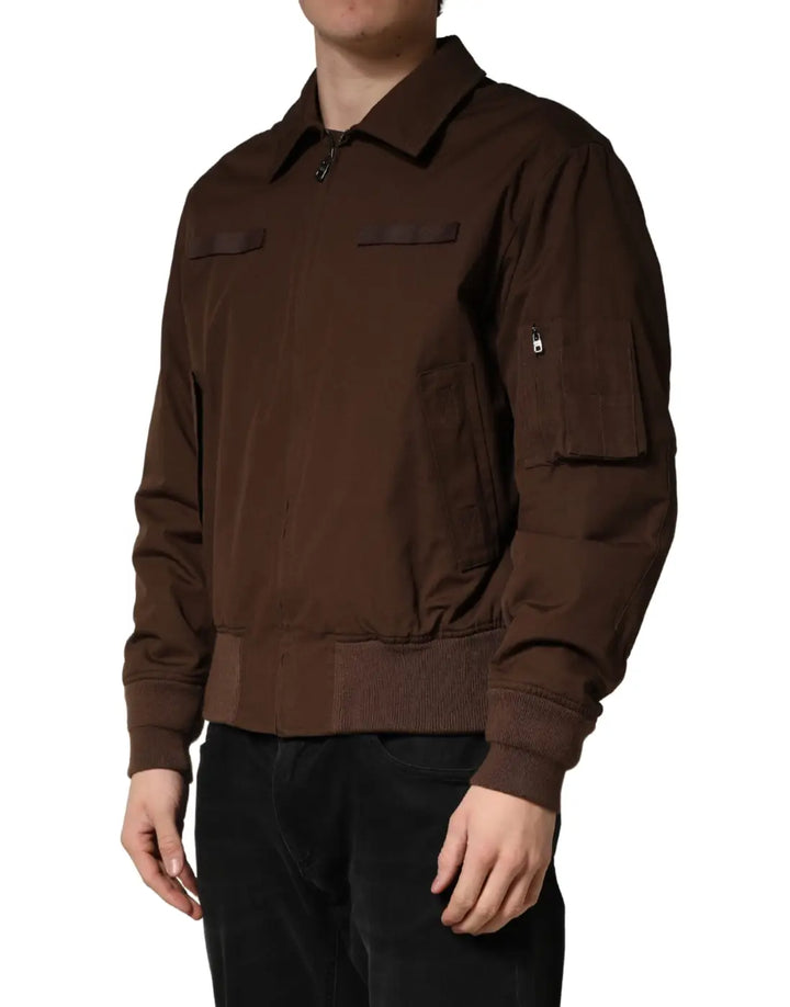 Dolce &amp; Gabbana Brown Cotton Stretch Full Zip Bomber Jacket