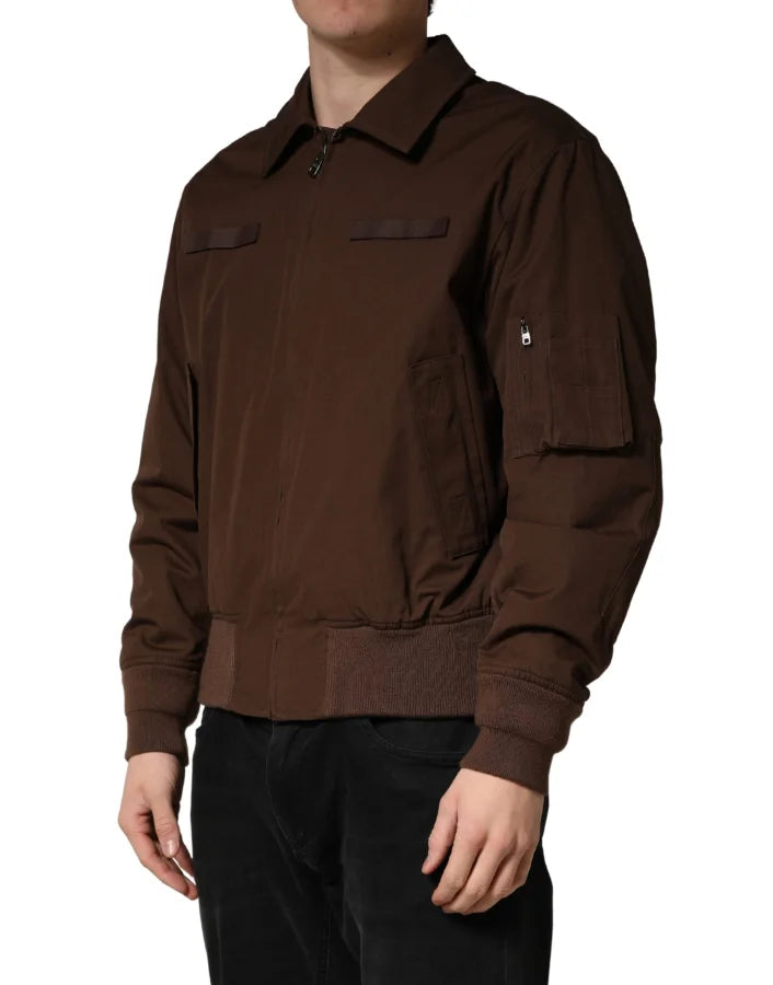 Dolce & Gabbana Brown Cotton Stretch Full Zip Bomber Jacket