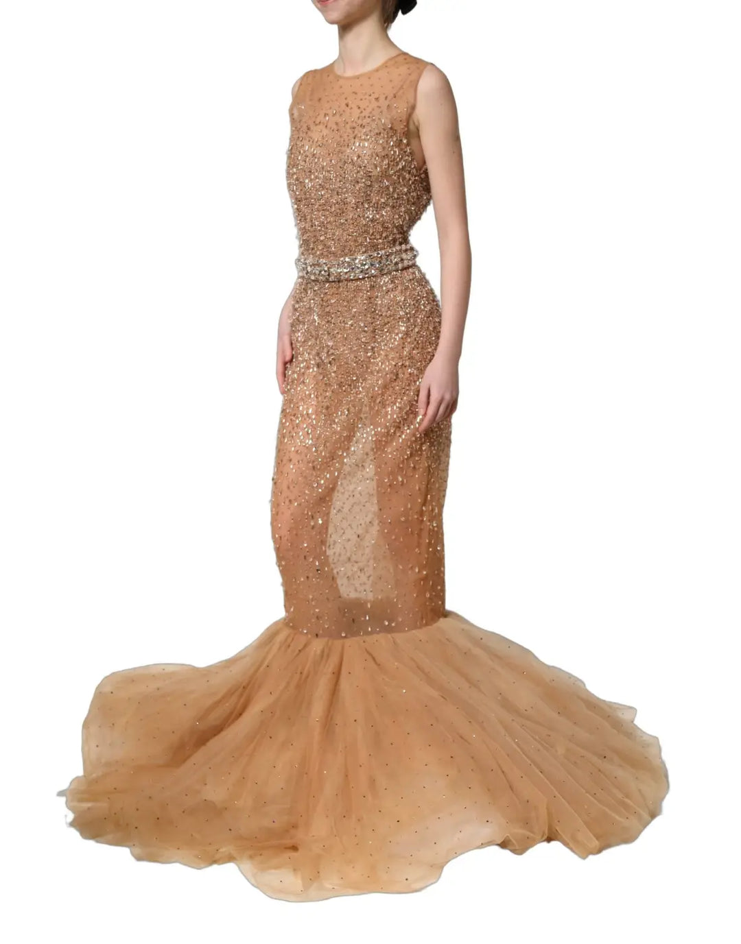 Dolce &amp; Gabbana Brown Crystal Embellished Mermaid Gown Dress