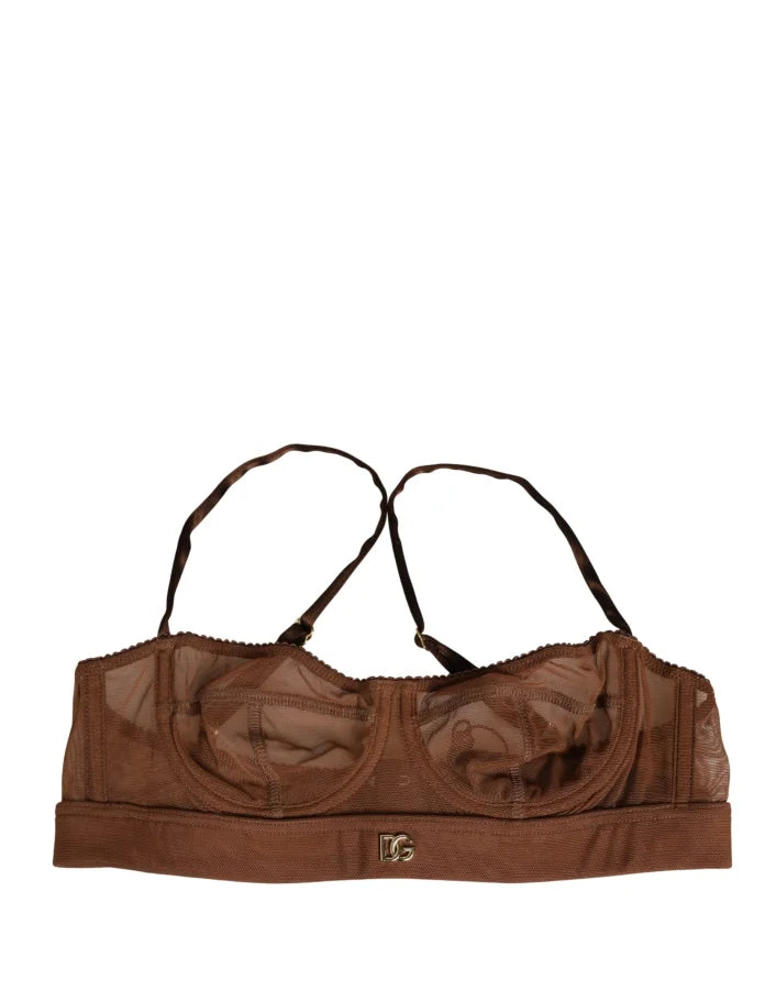 Dolce &amp; Gabbana Brown DG Logo Nylon Mesh Balconette Bra Underwear