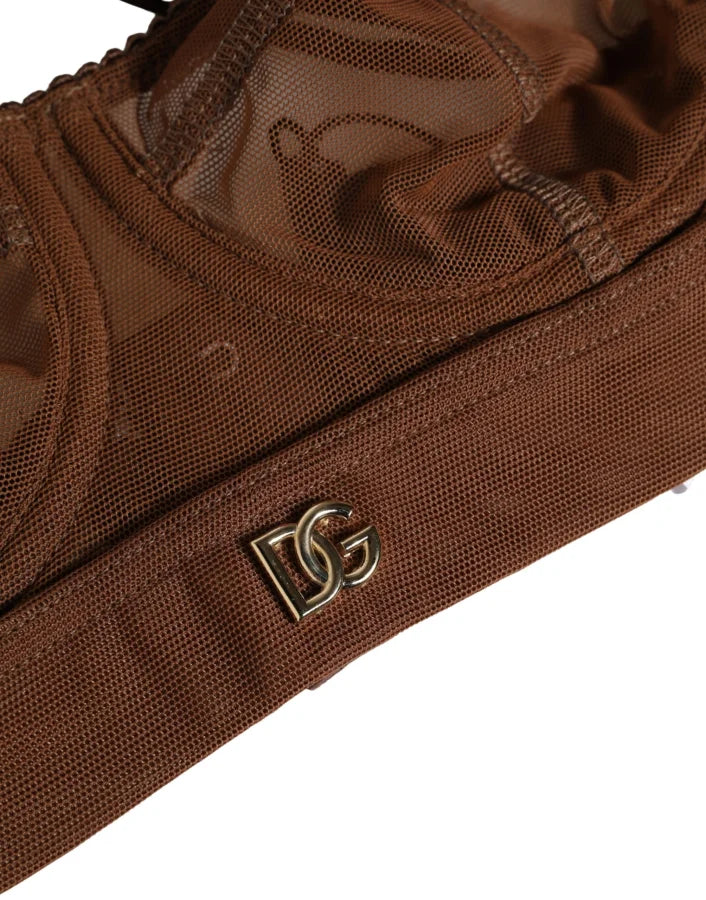 Dolce &amp; Gabbana Brown DG Logo Nylon Mesh Balconette Bra Underwear