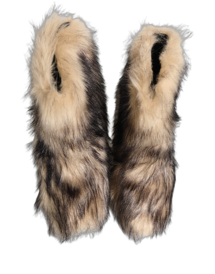 Dolce &amp; Gabbana Brown Faux Fur Mid Calf Men Boots Shoes