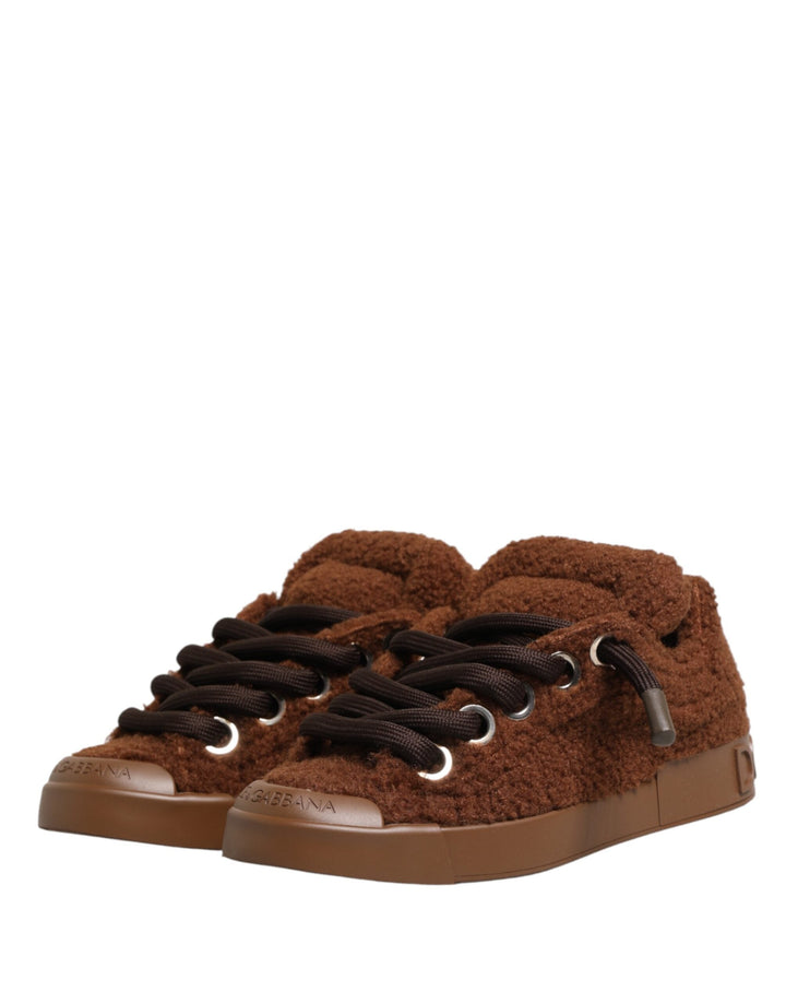 Dolce &amp; Gabbana Brown Faux Shearling Low Top Sneakers Shoes
