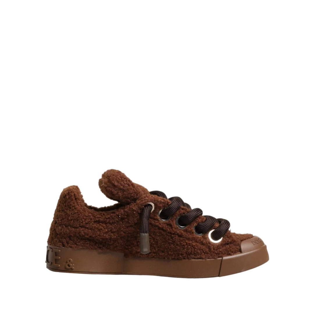 Dolce &amp; Gabbana Brown Faux Shearling Low Top Sneakers Shoes