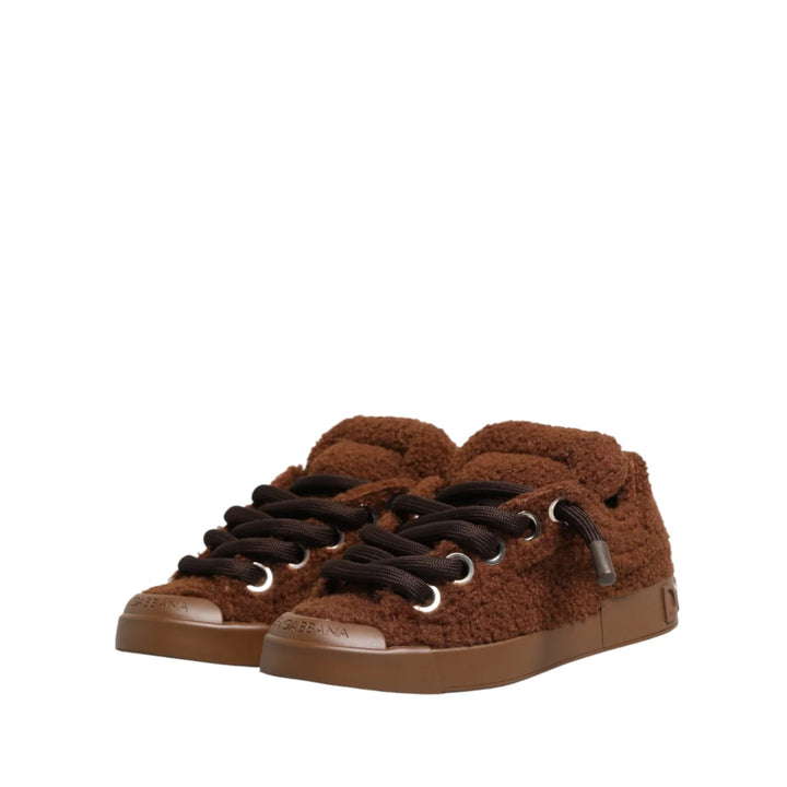 Dolce &amp; Gabbana Brown Faux Shearling Low Top Sneakers Shoes