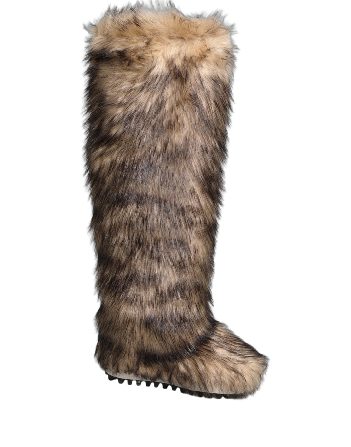 Dolce &amp; Gabbana Brown Faux Skim Ski Fur Knee High Boots Shoes