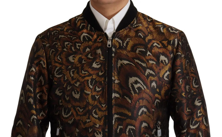 Dolce &amp; Gabbana Brown Feather Full Zip Blouson Jacket