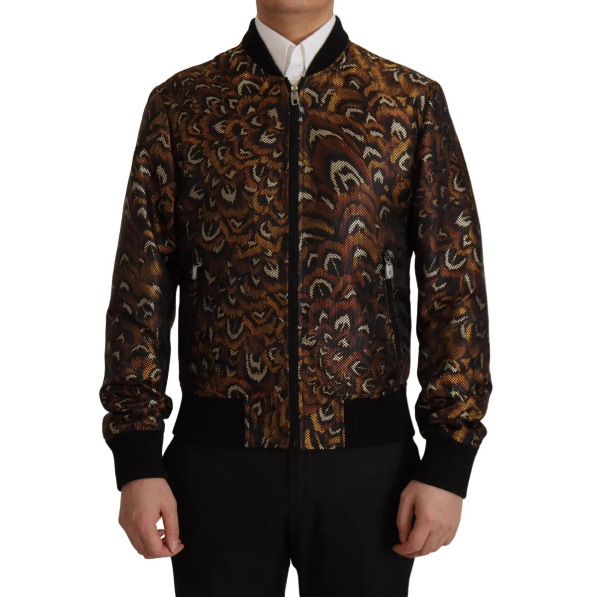 Dolce & Gabbana Brown Feather Full Zip Blouson Jacket