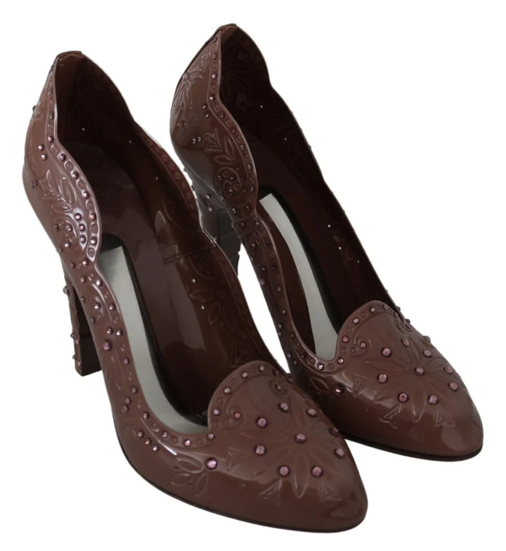 Dolce &amp; Gabbana Brown Floral Crystal Heels CINDERELLA Shoes