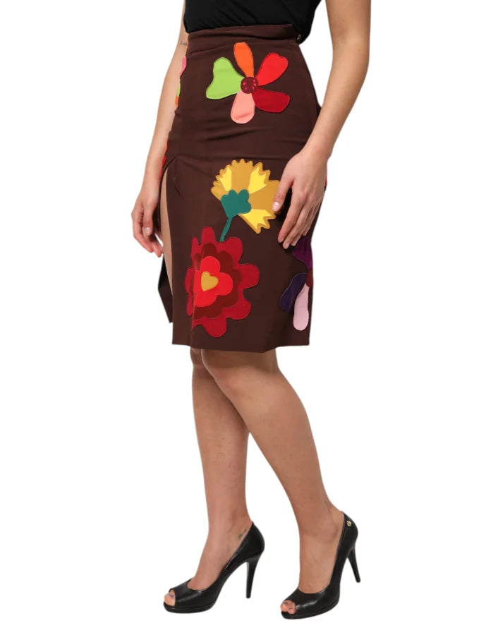 Dolce &amp; Gabbana Brown Floral High Waist Side Slit Skirt