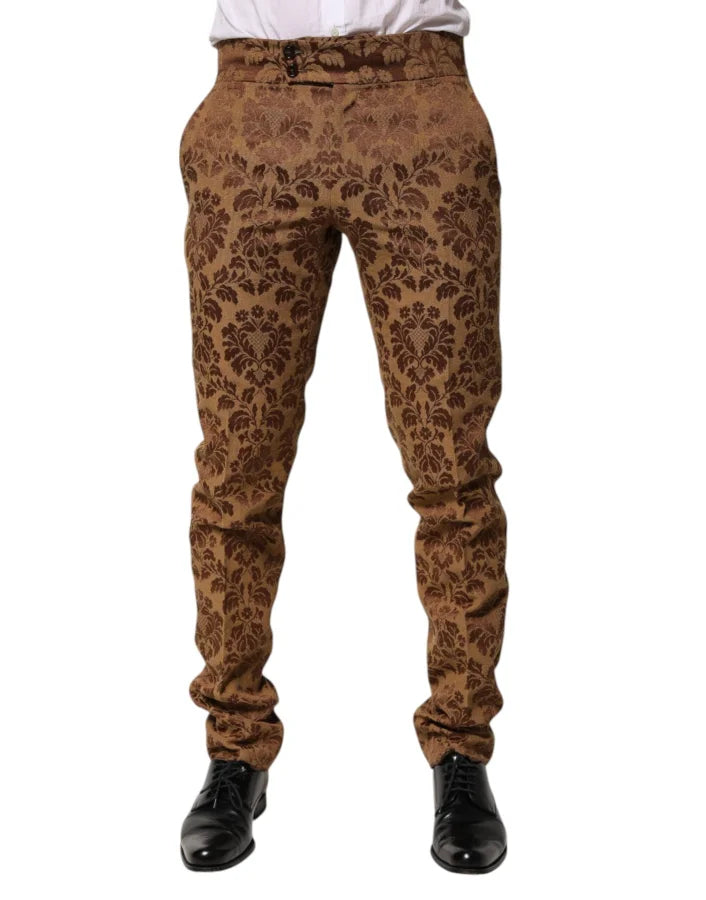 Dolce &amp; Gabbana Brown Floral Jacquard Men Skinny Trouser Pants