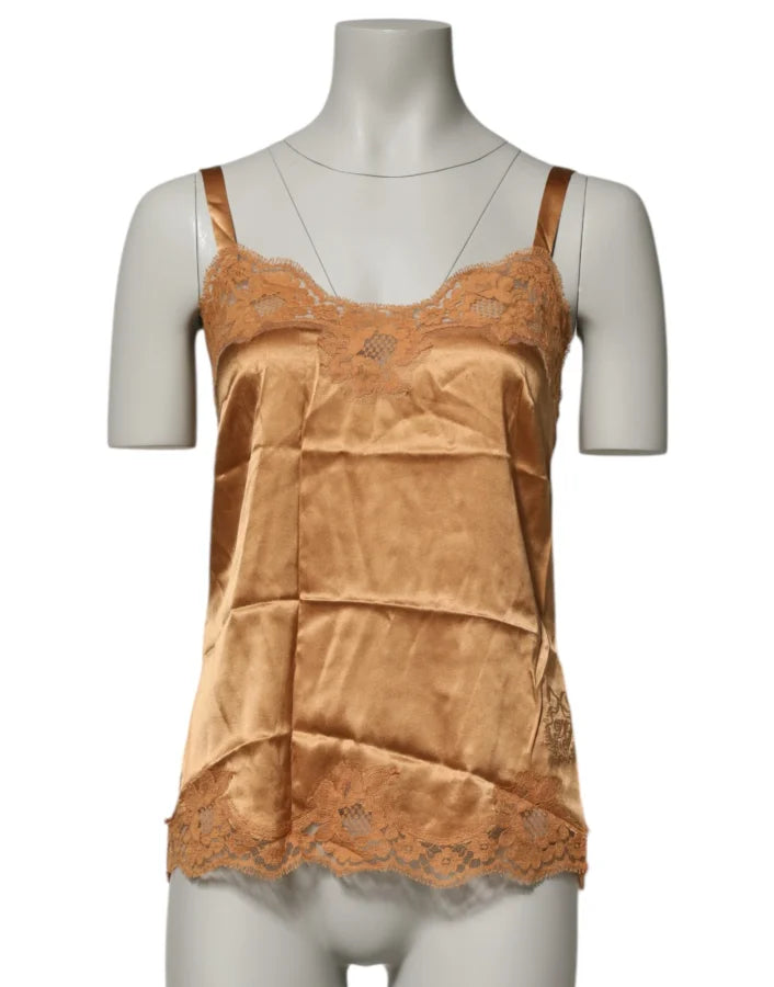 Dolce &amp; Gabbana Brown Floral Lace Silk Satin Tank Lingerie Underwear