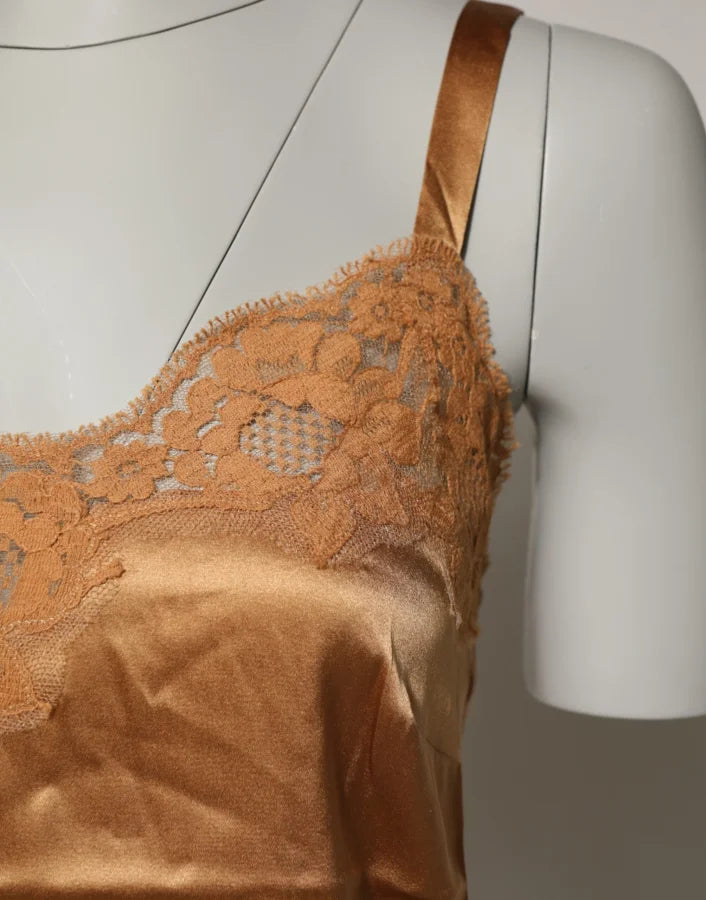 Dolce &amp; Gabbana Brown Floral Lace Silk Satin Tank Lingerie Underwear