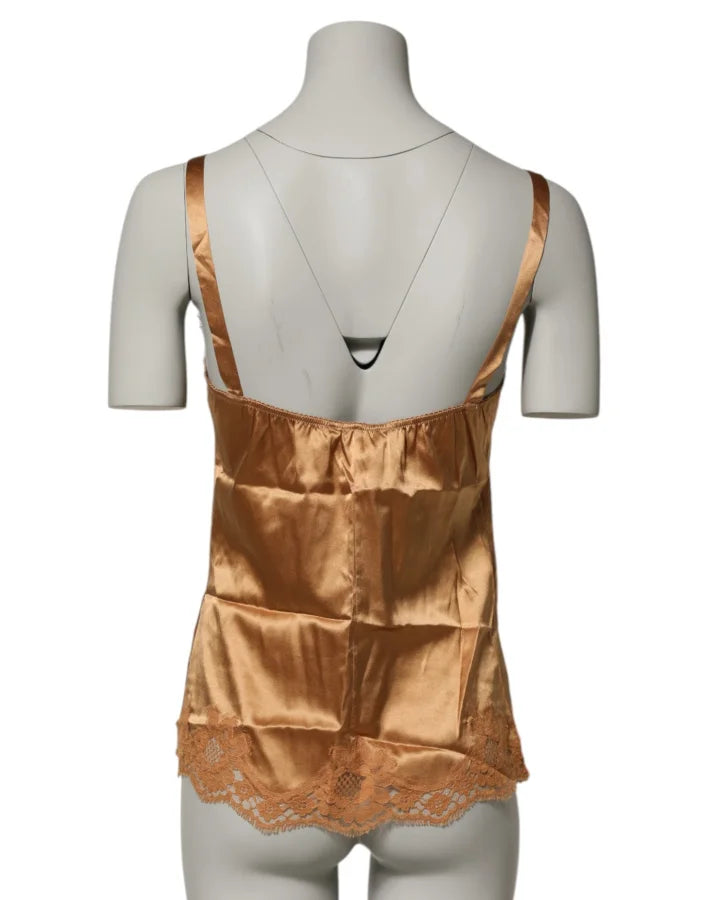 Dolce &amp; Gabbana Brown Floral Lace Silk Satin Tank Lingerie Underwear