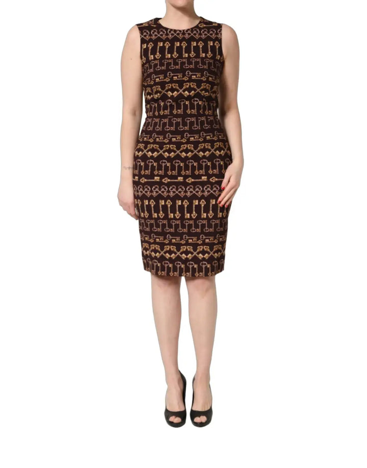 Dolce &amp; Gabbana Brown Keys Fitted Sheath Knee Length Dress
