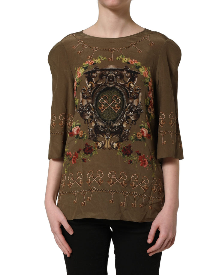 Dolce &amp; Gabbana Blouses - Women’s Brown Keys Roses Printed Silk Blouse Top
