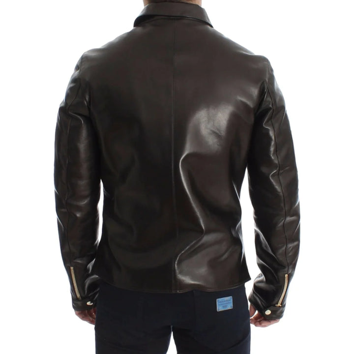 Dolce & Gabbana Brown Lambskin Leather Zipper Jacket