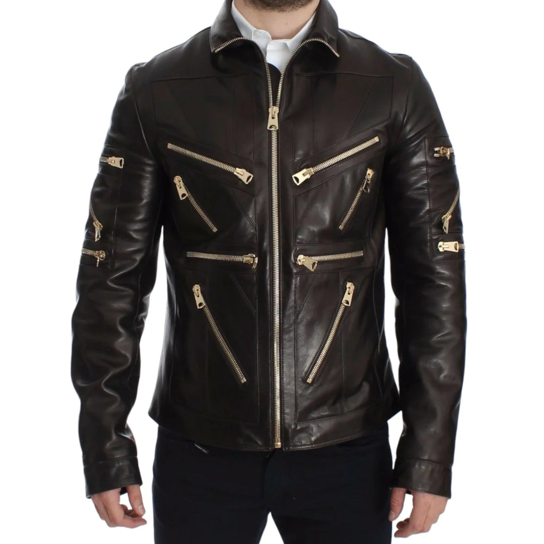 Dolce & Gabbana Brown Lambskin Leather Zipper Jacket