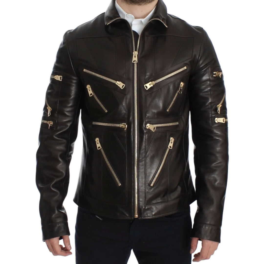 Dolce & Gabbana Brown Lambskin Leather Zipper Jacket