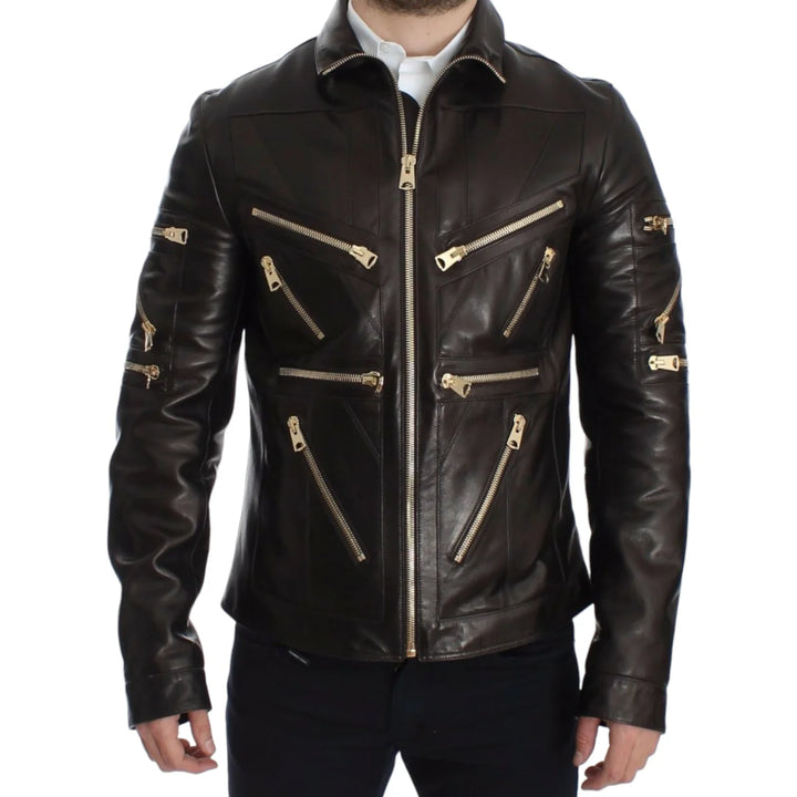 Dolce & Gabbana Brown Lambskin Leather Zipper Jacket