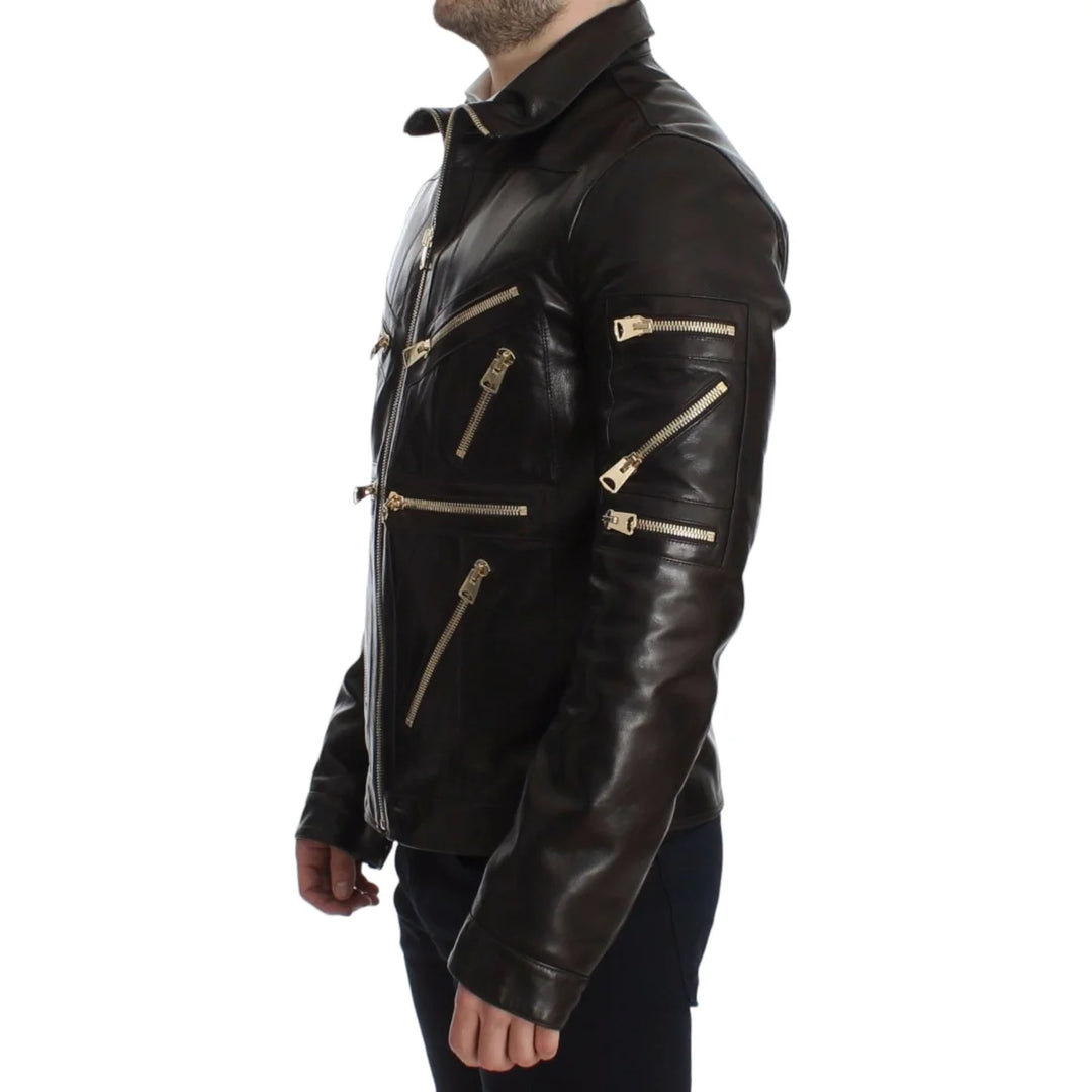 Dolce & Gabbana Brown Lambskin Leather Zipper Jacket