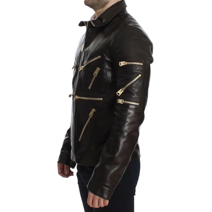 Dolce & Gabbana Brown Lambskin Leather Zipper Jacket