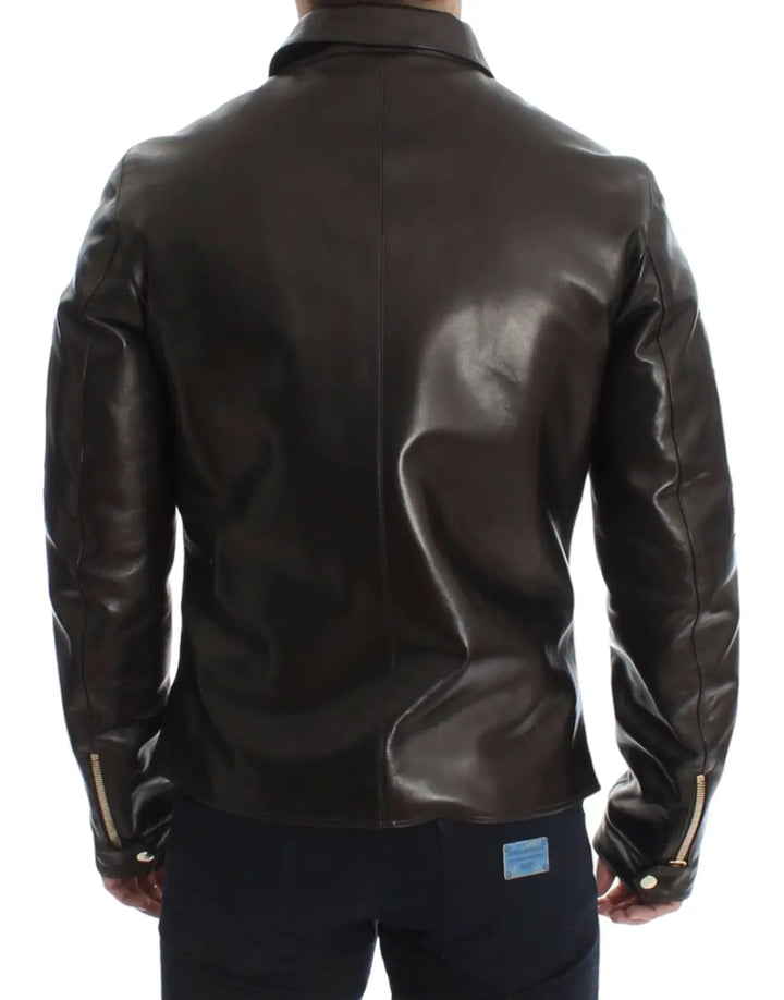 Dolce &amp; Gabbana Brown Lambskin Leather Zipper Jacket