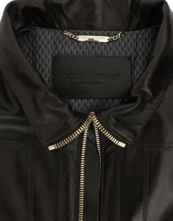 Dolce &amp; Gabbana Brown Lambskin Leather Zipper Jacket