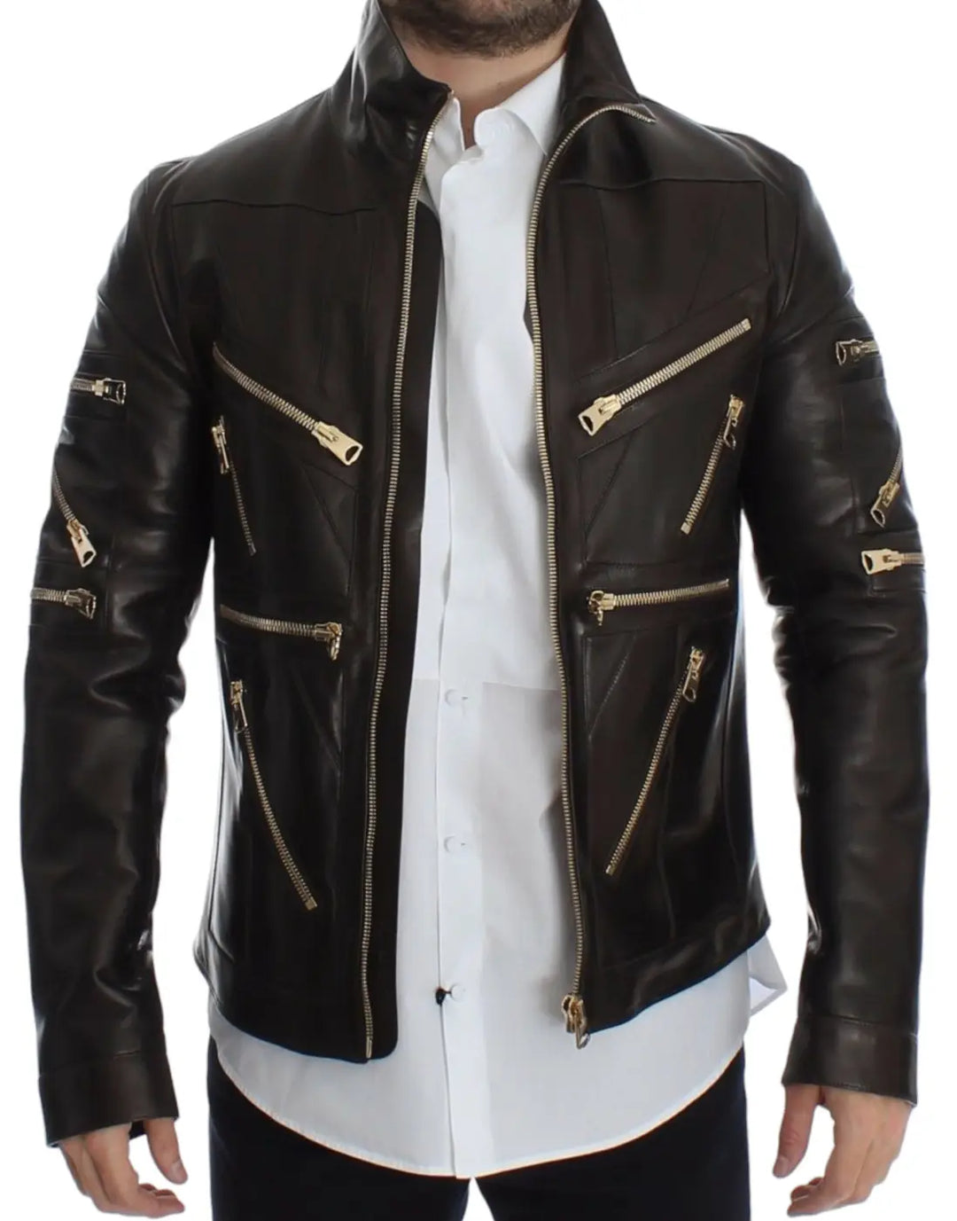 Dolce &amp; Gabbana Brown Lambskin Leather Zipper Jacket