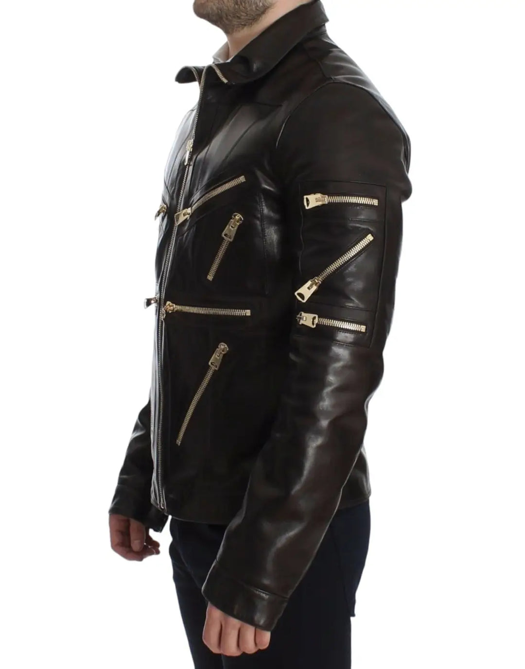 Dolce &amp; Gabbana Brown Lambskin Leather Zipper Jacket