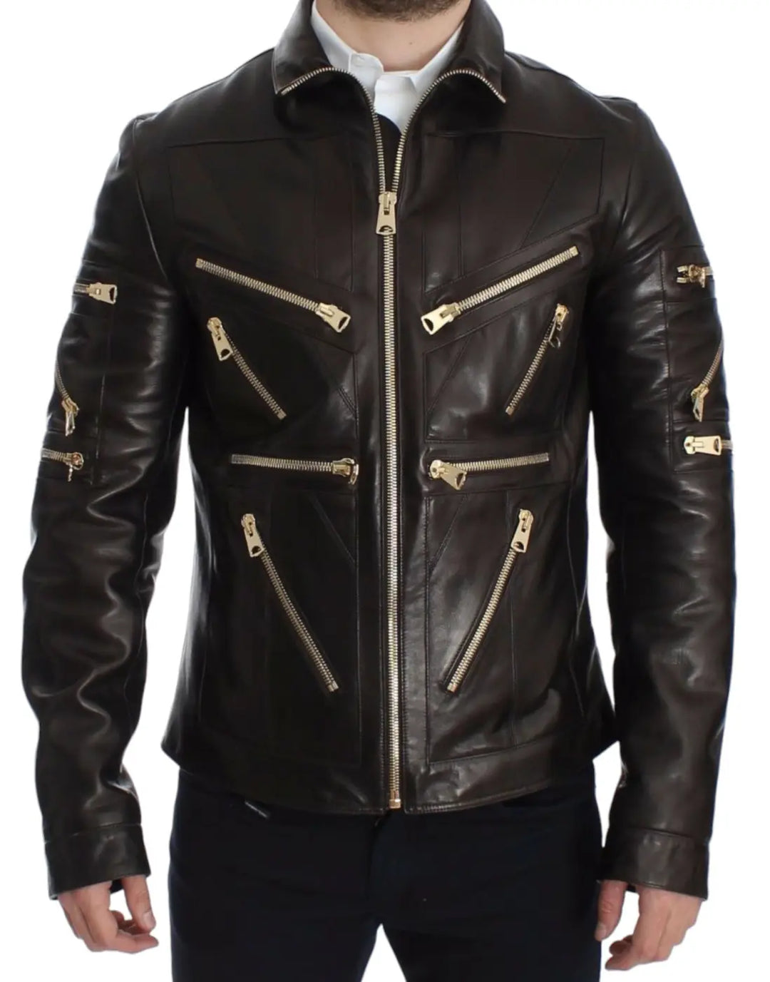 Dolce &amp; Gabbana Brown Lambskin Leather Zipper Jacket