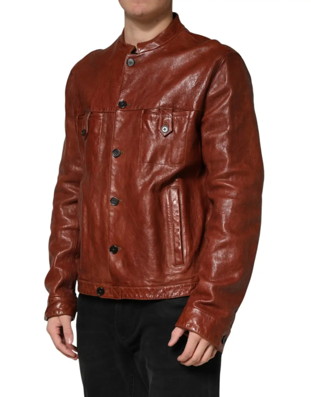 Dolce &amp; Gabbana Brown Leather Button Down Men Biker Jacket