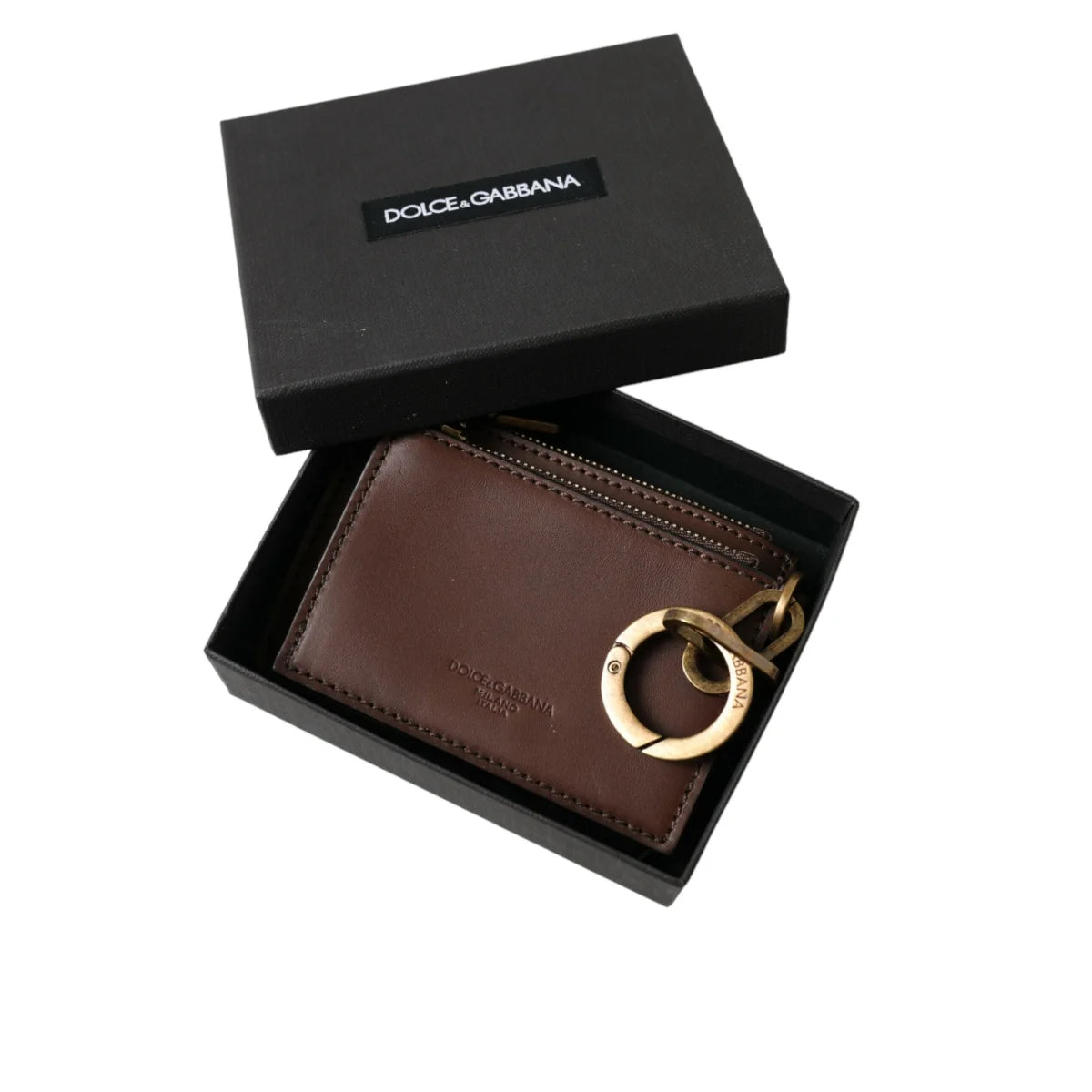 Dolce Gabbana Brown Leather Cardholder Logo Ring Fastening &