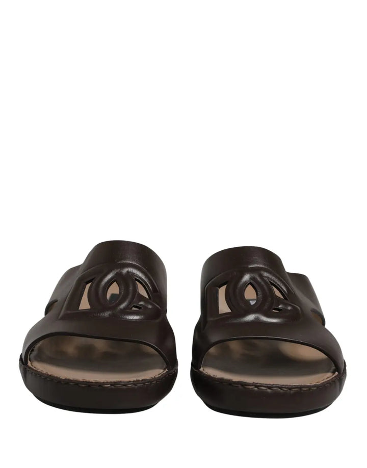 Dolce &amp; Gabbana Brown Leather Cutout DG Logo Sandals Shoes