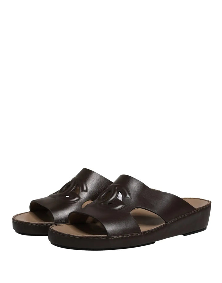 Dolce &amp; Gabbana Brown Leather Cutout DG Logo Sandals Shoes